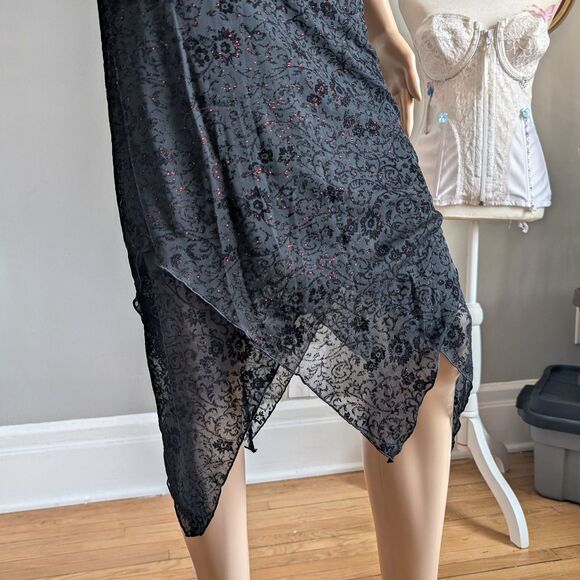 Vintage 90s Byer Too Black Midi Dress Cocktail Floral Glitter Whimsygoth Size M - Picture 7 of 16